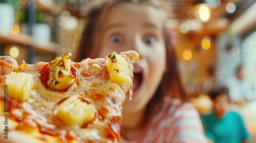 Surprised female and pineapple pizza. Funny.