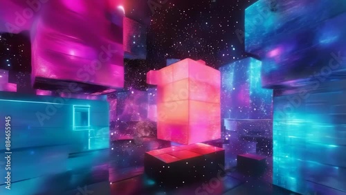 A futuristic digital art installation displays various neon-lit panels in a dark room. The panels emit colorful red, pink, and blue lights, creating an immersive, high-tech environment.