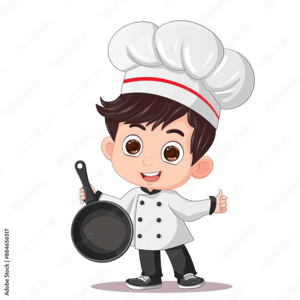 Cartoon character of cute little boy hold a pan,wear chef uniform, white background, vector illustration Cartoon character of cute little boy hold a pan,wear chef uniform, white background, vector illustration