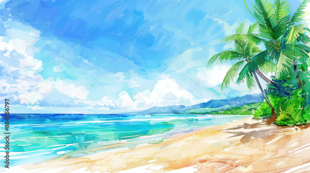 Obraz premium A watercolor painting of a tropical beach, clear blue-green water, soft sandy beach, tropical palm trees, clear blue sky