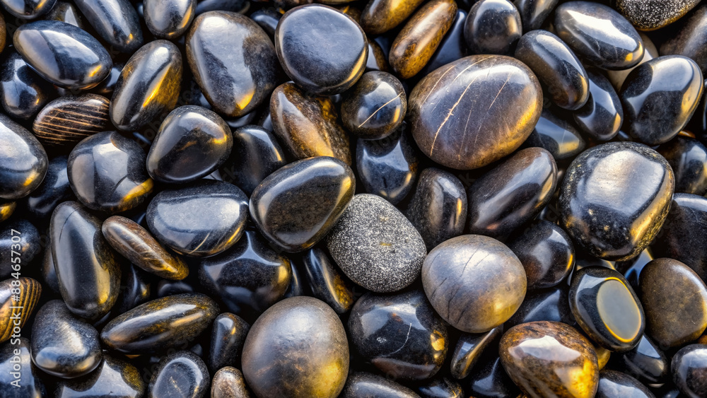 Natural abstract background featuring a close-up arrangement of polished black pebbles or smooth rocks forming a harmonious texture and pattern on a plain surface. Natural abstract background featuring a close-up arrangement of polished black pebbles or smooth rocks forming a harmonious texture and pattern on a plain surface.