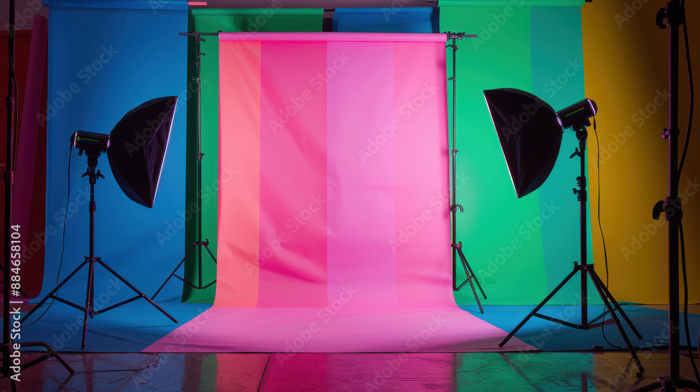 A professional photo studio setup, featuring large softbox lights, reflective umbrellas, and a vibrant, colorful backdrop A professional photo studio setup, featuring large softbox lights, reflective umbrellas, and a vibrant, colorful backdrop