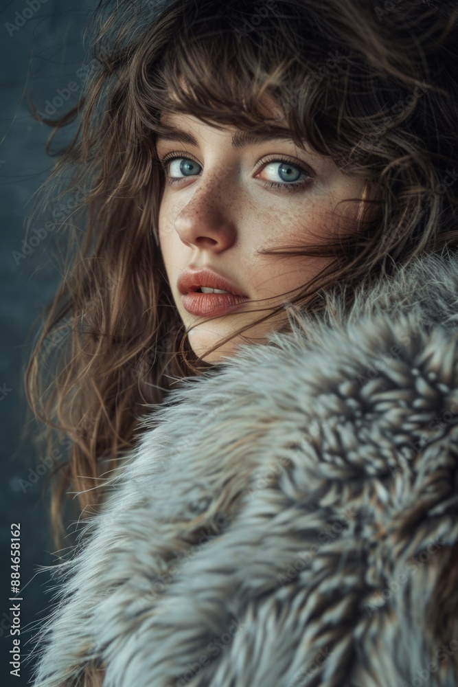 A woman posing in a fur coat, looking directly at the camera