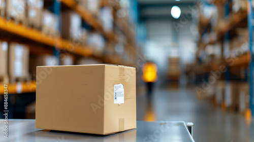 cardboard box with a white sticker on it stands in the foreground warehouse background