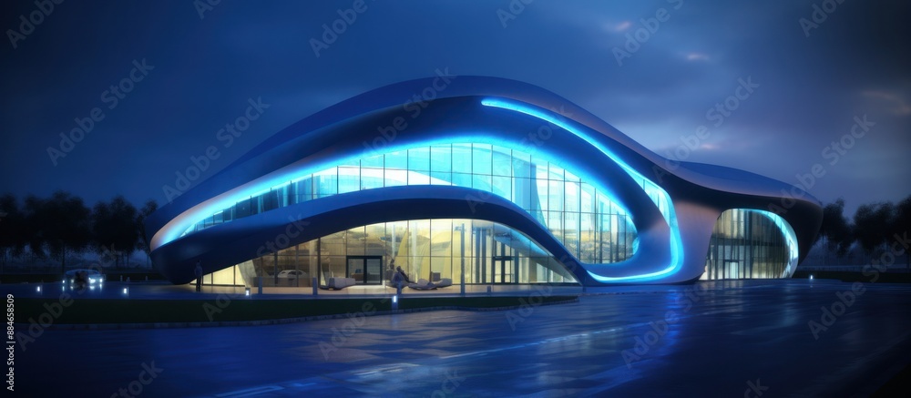 Naklejka premium Futuristic Building With Blue Lighting at Night