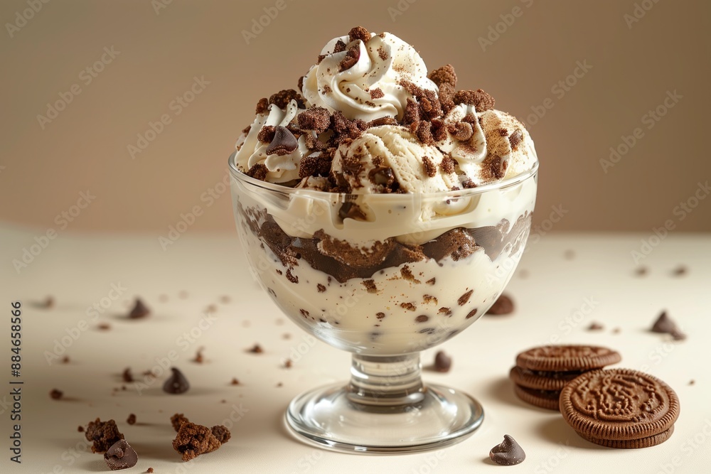 A bowl of ice cream with chocolate chips and whipped cream A bowl of ice cream with chocolate chips and whipped cream