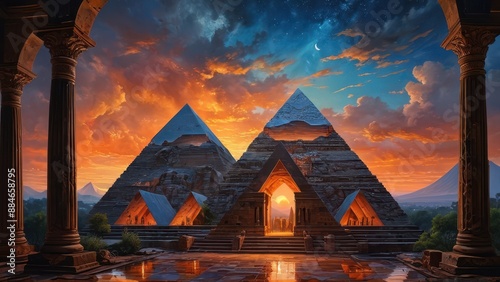 Ancient Pyramid Temple at Sunset.