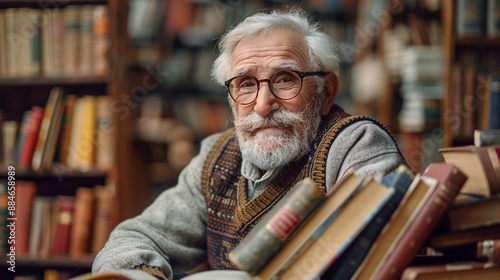 Elderly man sorting books in cozy library.