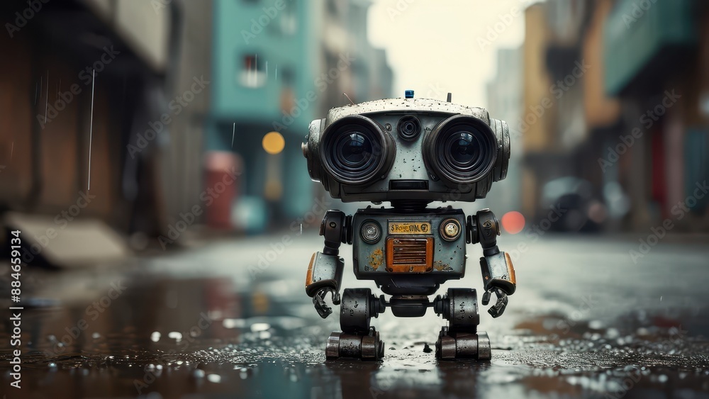 Fototapeta premium Little Robot in the Rain.
