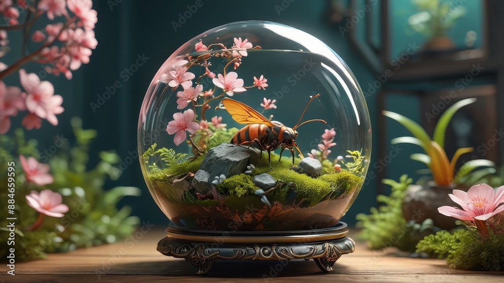 Miniature Ecosystem in a Glass Dome with a Wasp and Cherry Blossoms. Miniature Ecosystem in a Glass Dome with a Wasp and Cherry Blossoms.