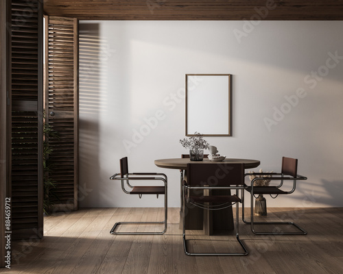 Mockup poster frame in dining room interior background photo