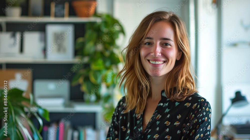 A smiling woman stands confidently in a modern office with plants surrounding her, embodying a professional yet relaxed atmosphere filled with greenery and creative energy. A smiling woman stands confidently in a modern office with plants surrounding her, embodying a professional yet relaxed atmosphere filled with greenery and creative energy.