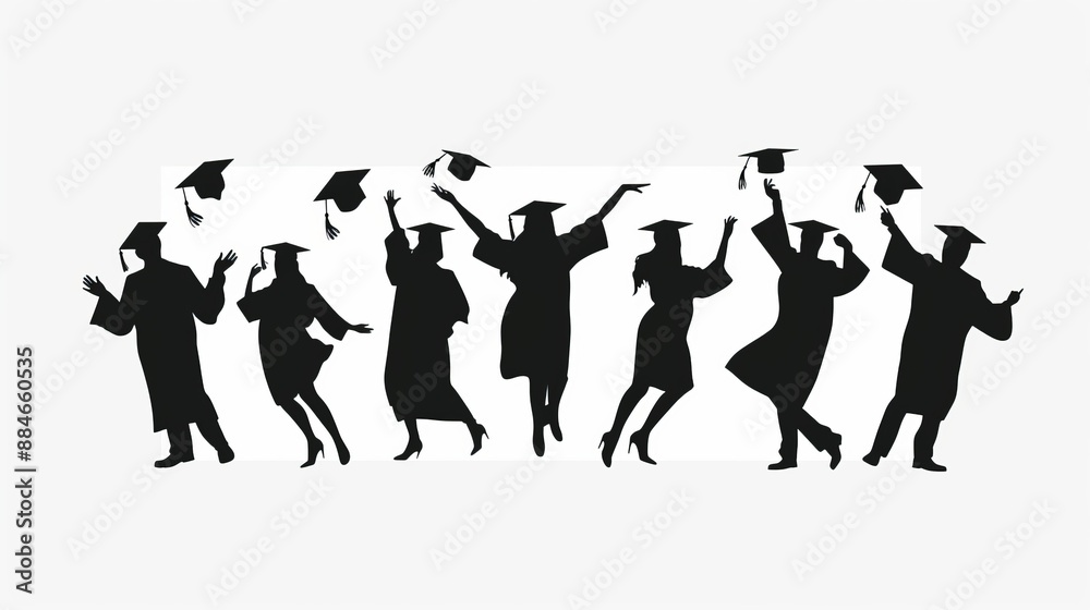 Obraz premium Silhouettes of graduates in gowns and caps joyfully celebrating their achievement by tossing graduation hats into the air symbolizing success and accomplishment.