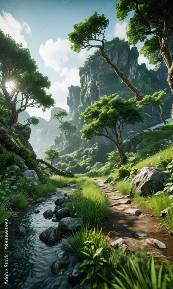 Tranquil River Path Through Lush Green Valley. Tranquil River Path Through Lush Green Valley.