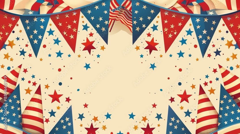 Fototapeta premium This image features a festive patriotic celebration setup with various decorations, including stars and stripes banners, symbolizing national pride and celebration.