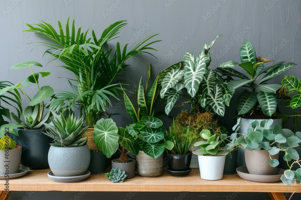 Fototapeta premium Collection of various houseplants in stylish pots, arranged neatly on a shelf against a gray wall