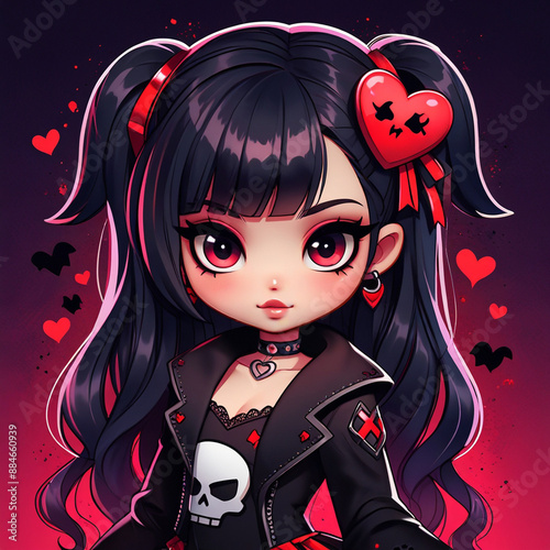 Enigmatic Gothic Girl with Dark Hair and Skull Bows photo