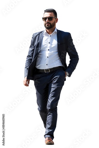 A person in formal attire with sunglasses walking, great for use in business or fashion contexts