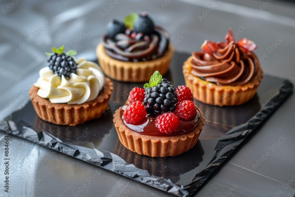 Exquisite mini fruit tarts with fresh berries on a modern black serving tray Exquisite mini fruit tarts with fresh berries on a modern black serving tray
