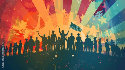 An image featuring silhouetted figures standing proudly with the American flag behind them, highlighting themes of unity, patriotism, and diverse representation during daylight.