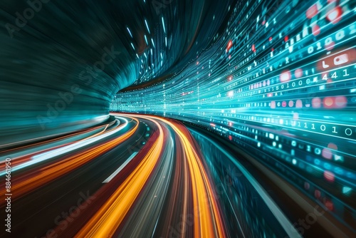 Abstract highspeed data tunnel with streaming binary code and dynamic light trails