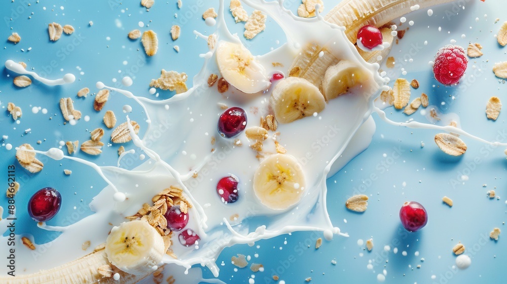 Fresh banana fruit with berries with milk splash closeup macro view Fresh banana fruit with berries with milk splash closeup macro view