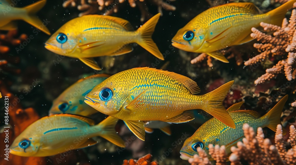 Fototapeta premium Vibrant close up view of colorful fish gracefully swimming in crystal clear water