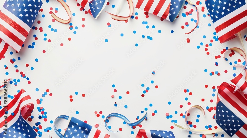 A festive display of confetti, ribbons, and American flags on a white background, capturing the celebratory and patriotic spirit with vibrant red, white, and blue colors. A festive display of confetti, ribbons, and American flags on a white background, capturing the celebratory and patriotic spirit with vibrant red, white, and blue colors.
