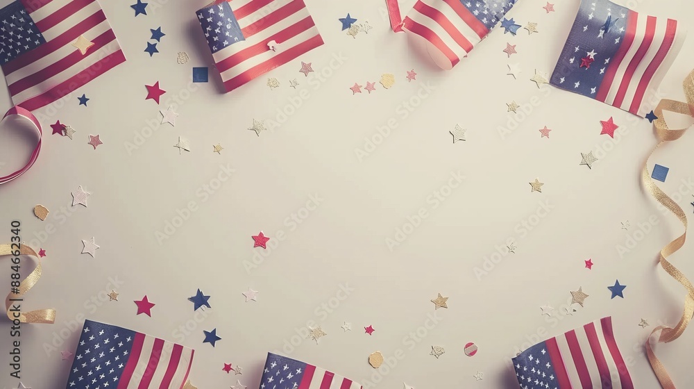 Obraz premium A minimalist layout featuring small American flags and star confetti on a white background, showcasing the themes of patriotism and celebration with subtle elegance.