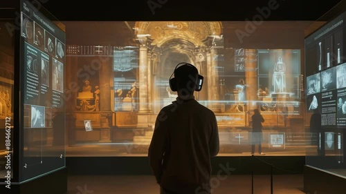 A man in his 30s, wearing VR goggles and headphones, explores an interactive holographic display in a modern museum exhibit hall. The mood is immersive, and the digital projections include historical