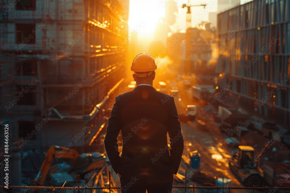 A businessman in a formal suit wearing a construction helmet stands in front of a construction site in the early morning sunlight A businessman in a formal suit wearing a construction helmet stands in front of a construction site in the early morning sunlight