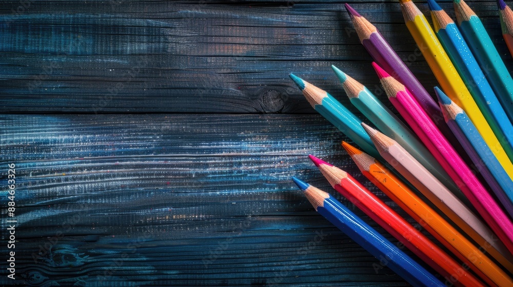 Fototapeta premium Various colored pencils on wooden surface dark background with space for text