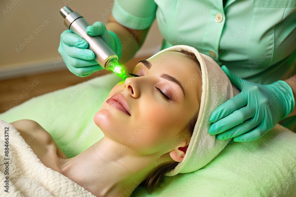 Cosmetologist performing a laser treatment on a client's face in a high-end spa
Cosmetologist performing a laser treatment on a client's face in a high-end spa