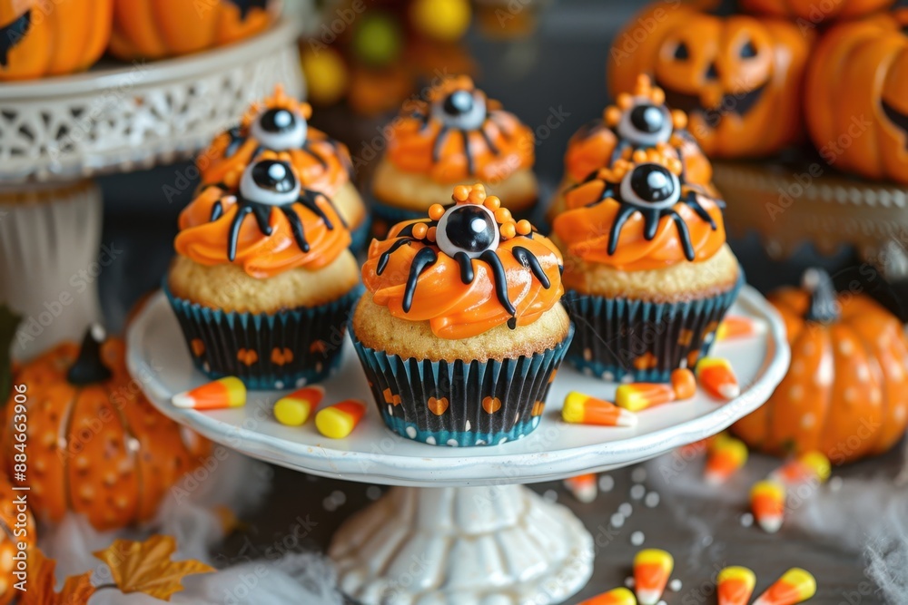 Cute and spooky Halloween cupcakes decorated with mini pumpkins, candy corn, and edible eyeballs, arranged in a festive display Cute and spooky Halloween cupcakes decorated with mini pumpkins, candy corn, and edible eyeballs, arranged in a festive display