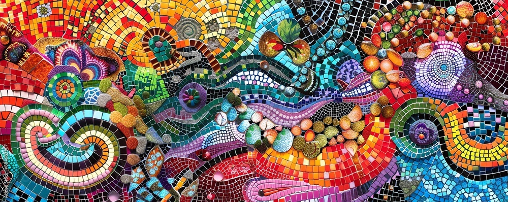 Craft an intricate mosaic featuring detailed and colorful patterns, side view, symbolizing cultural richness, cybernetic tone, Split-complementary color scheme Craft an intricate mosaic featuring detailed and colorful patterns, side view, symbolizing cultural richness, cybernetic tone, Split-complementary color scheme