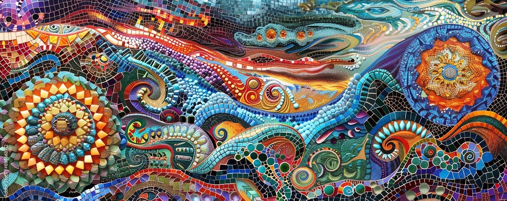 Craft an intricate mosaic featuring detailed and colorful patterns, side view, symbolizing cultural richness, cybernetic tone, Split-complementary color scheme Craft an intricate mosaic featuring detailed and colorful patterns, side view, symbolizing cultural richness, cybernetic tone, Split-complementary color scheme