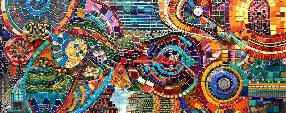 Fototapeta premium Craft an intricate mosaic featuring detailed and colorful patterns, side view, symbolizing cultural richness, cybernetic tone, Split-complementary color scheme