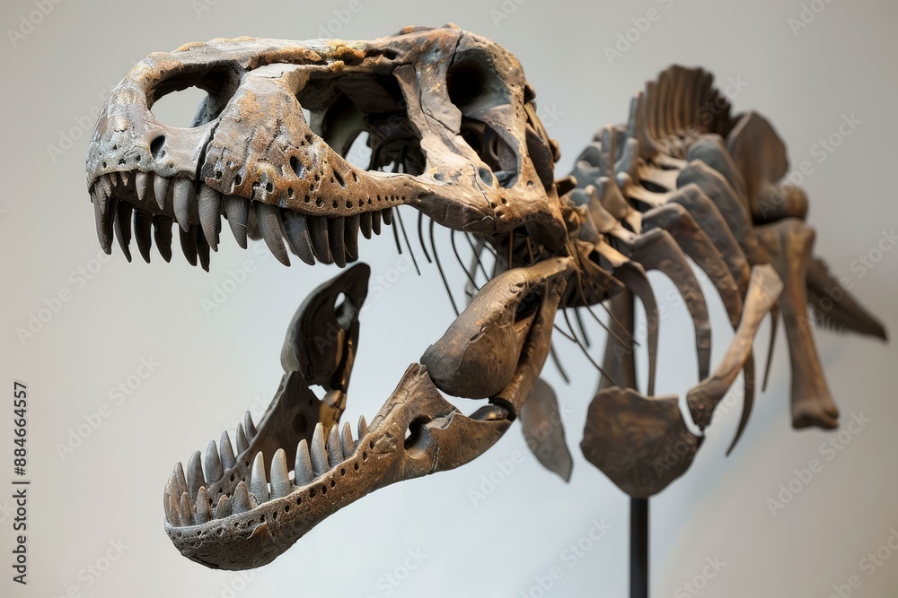 Side view of a trex skeleton in a museum setting, showcasing its formidable jaws and teeth Side view of a trex skeleton in a museum setting, showcasing its formidable jaws and teeth