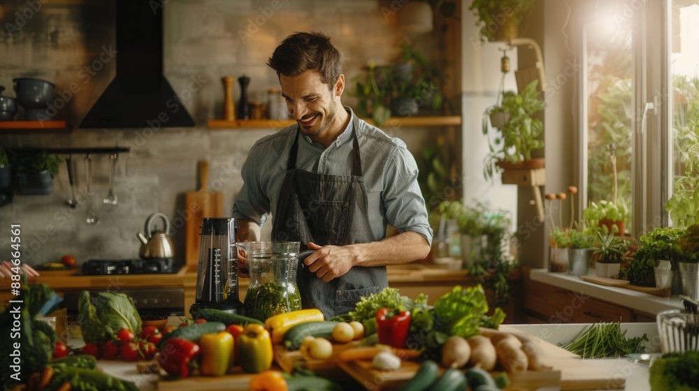 A male is making a healthy smoothie drink with a blender mixer in kitchen A male is making a healthy smoothie drink with a blender mixer in kitchen