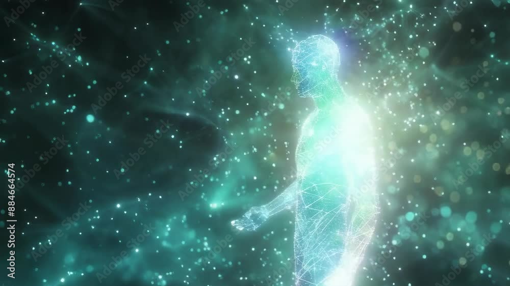 A wireframe representation of a person, possibly an adult, composed entirely of interconnected digital points and lines, stands in a glowing, particle-filled virtual space. The mood is futuristic and A wireframe representation of a person, possibly an adult, composed entirely of interconnected digital points and lines, stands in a glowing, particle-filled virtual space. The mood is futuristic and