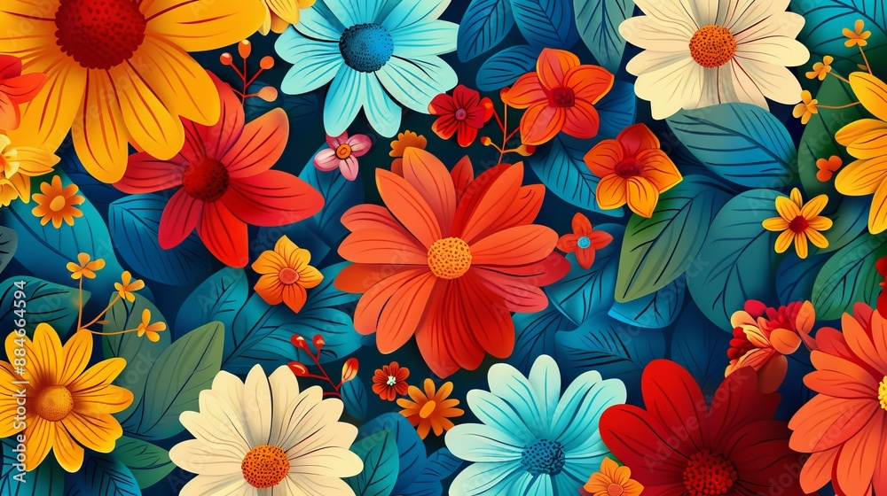 An illustration showcasing a diverse array of flowers in red, yellow, blue, and more, set against a deep blue background, celebrating the beauty of nature's variety. An illustration showcasing a diverse array of flowers in red, yellow, blue, and more, set against a deep blue background, celebrating the beauty of nature's variety.