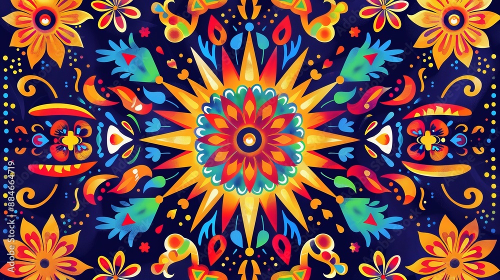 A radiant abstract floral pattern with detailed embellishments showcasing a vibrant burst of colors and shapes. The design harmoniously fuses nature and abstract art elements.