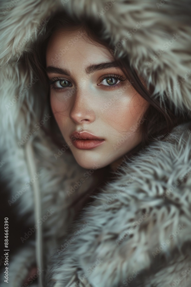 A woman wearing a fur coat with a hood, possibly for warmth and protection from the elements A woman wearing a fur coat with a hood, possibly for warmth and protection from the elements