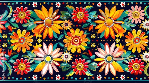 A vintage-inspired floral pattern showcasing a variety of colorful flowers, arranged decoratively against a dark background, highlighting the vibrant colors and artistic design.