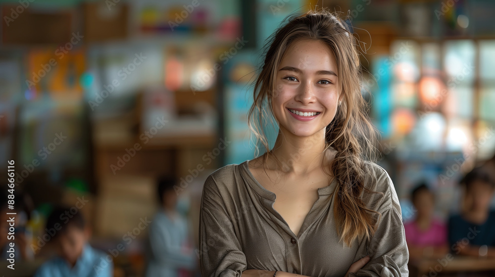 a youthful, happy teacher in a blurry modern classroom with children playing in the background. back to school a youthful, happy teacher in a blurry modern classroom with children playing in the background. back to school
