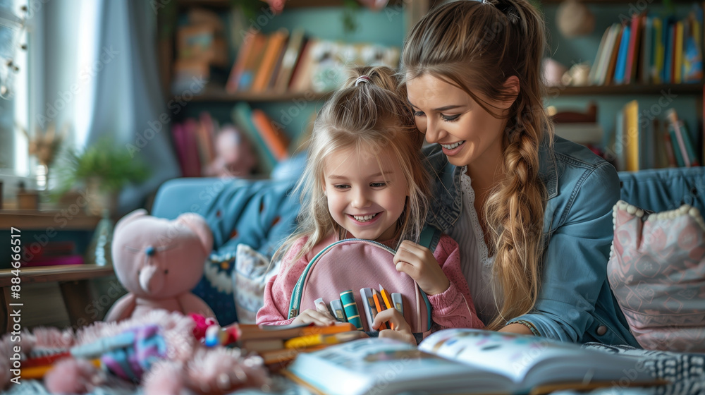back to school concept. adorable young mother and daughter preparing backpack for school