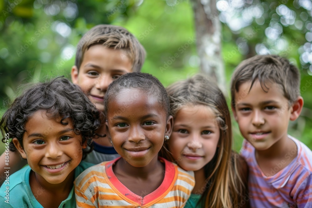 Diverse group of happy kids with joyful expressions in a natural outdoor setting Diverse group of happy kids with joyful expressions in a natural outdoor setting