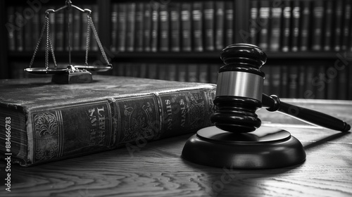 A monochrome image showing a gavel on a wooden surface in front of a stack of legal tomes, representing the judicial system, order, and the seriousness of the legal profession. photo