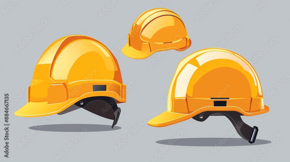 Fototapeta premium A realistic illustration showcasing multiple yellow construction helmets from different angles, highlighting their design and importance in ensuring safety on construction sites.