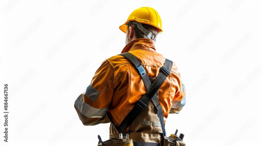 A construction worker dressed in orange high-visibility clothing and a yellow hard hat, facing away from the camera, emphasizing the importance of safety gear.